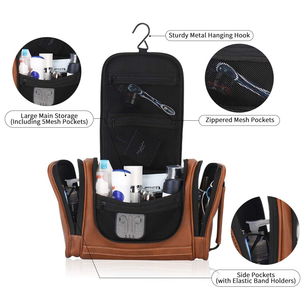 Travel Toiletry Bag - Hanging Leather Dopp Kit for Men | Brown Shower Organizer with Metal Hook