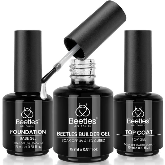Beetles 3Pcs 15ml Builder Nail Gel with No Wipe Top Coat and Base Coat Kit for Gel Polish Shine Finish & Long Lasting Nail Protection UV/LED Lamp Needed Gift for Women