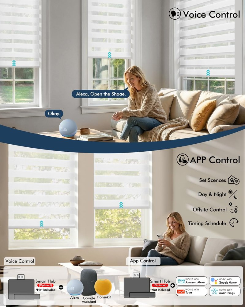 LICHTDIM24 No Drill Motorized Zebra Blinds with Remote,Cordless Shades Dual Layer,Thermal Insulated Upgraded Shades(White,33.5" W x 72" H)