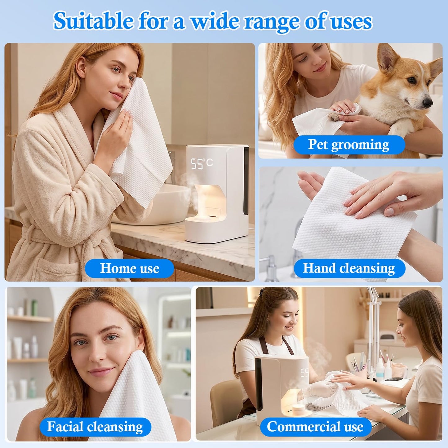 Hot Towel Warmer Machine, 5-Second Instant Heating to 55°C (131°F), Smart Voice Alert Automatic Dispenser with 20 Compressed Towels, Compact Spa Quality for Home Bathroom/Salon/Facial Skincare Use