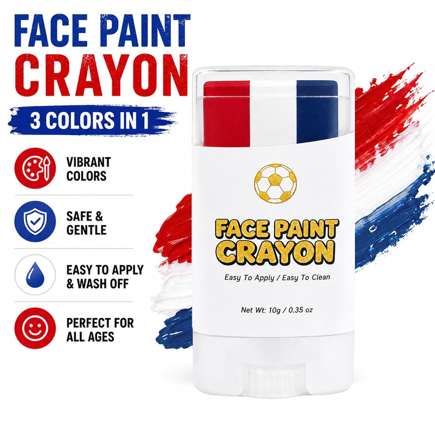 Face Body Paint Stick - Red White Blue Crayon for Soccer Fans | Washable Non-Toxic Game Day Makeup