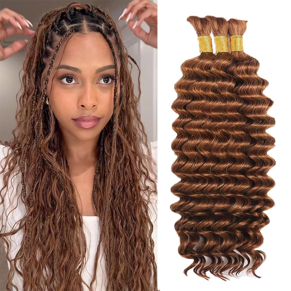 Brown Human Braiding Hair for Boho Braids 151g 20 20 20 Inch Curly Boho Hair for Braiding Knotless Color 30 Deep Wave Bulk Bohemian 3 Bundles/Pack