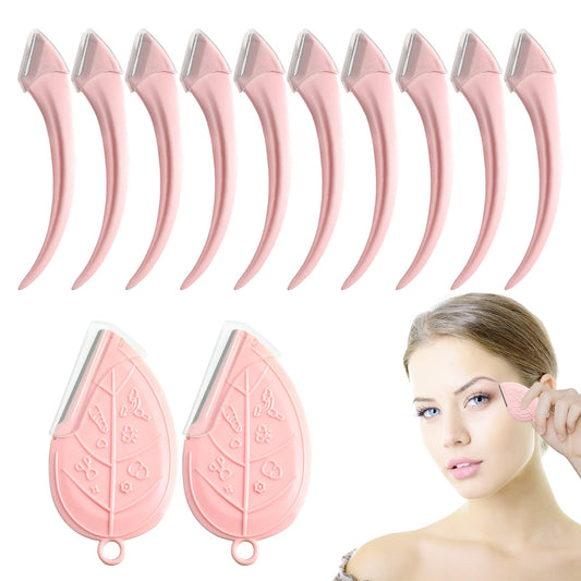 ONEUPIN 12PCS Eyebrow Trimmer Set Stainless Steel Leaves Curved Eyebrow Razor Trimmer Facial Shaver Razor Brow Shaper Suitable for Any Skin Type Hair Removal Accessories for Men Women（Pink）