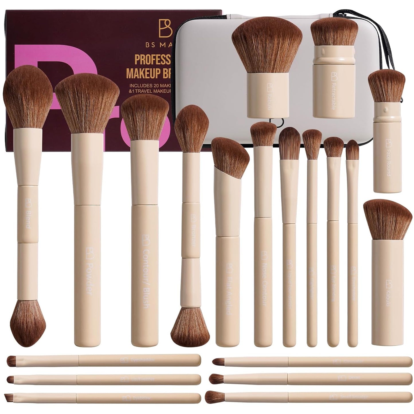 Professional Makeup Brushes Set - 20 Pcs Kabuki, Eyeshadow, Concealer, Blush & Foundation Brushes with Travel Case | Beige