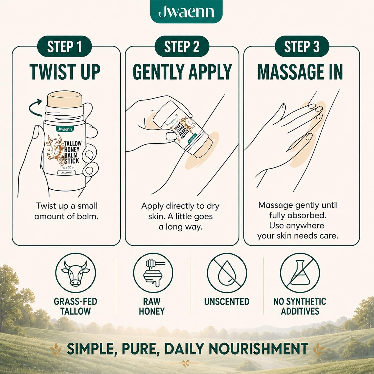 JWAENN Tallow Honey Balm Stick Grass-Fed Beef Tallow Moisturizer for Face & Body, Multi-Purpose Solid Balm for Sensitive Skin, with Raw Honey & Vitamin E, 30g, 1 oz