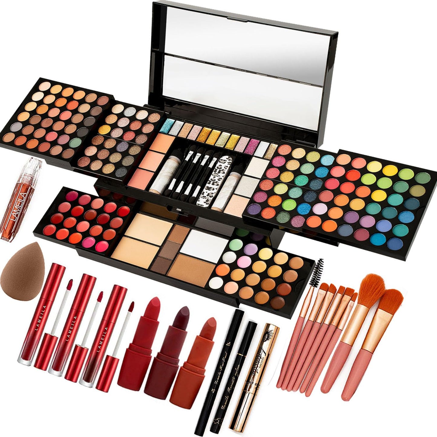 MISS ROSE Professional Makeup Palette - 148 Colors All-in-One Kit for Women | Includes Eyeshadow, Lipstick, Eyeliner, Concealer, Brushes (045 Set - Black)