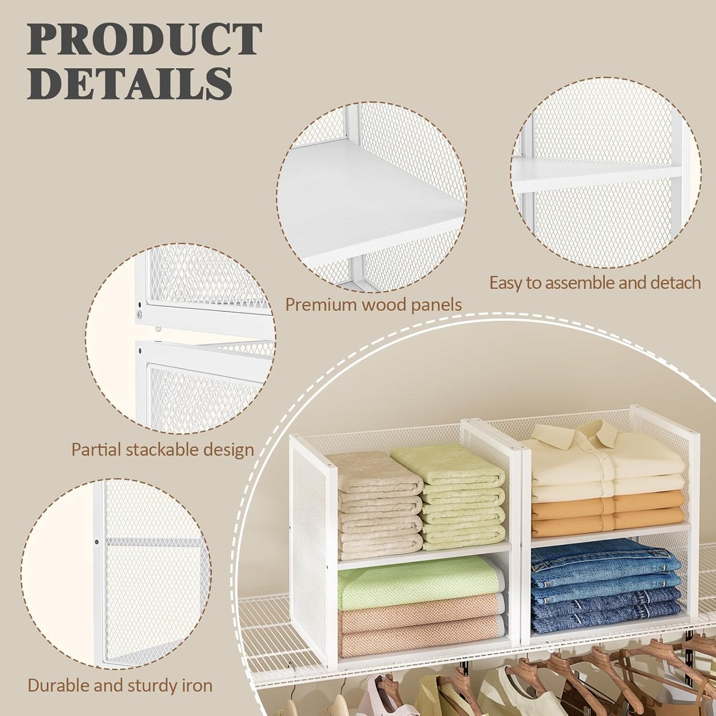 4-Tier Stackable Closet Organizer - Multifunctional Wire Storage Bins for Wardrobe, Kitchen & Laundry | White