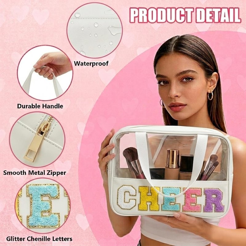 Cheer Makeup Bag - Clear Chenille Letter Patch Cosmetic Organizer | Waterproof Travel Toiletry Bag for Girls & Women