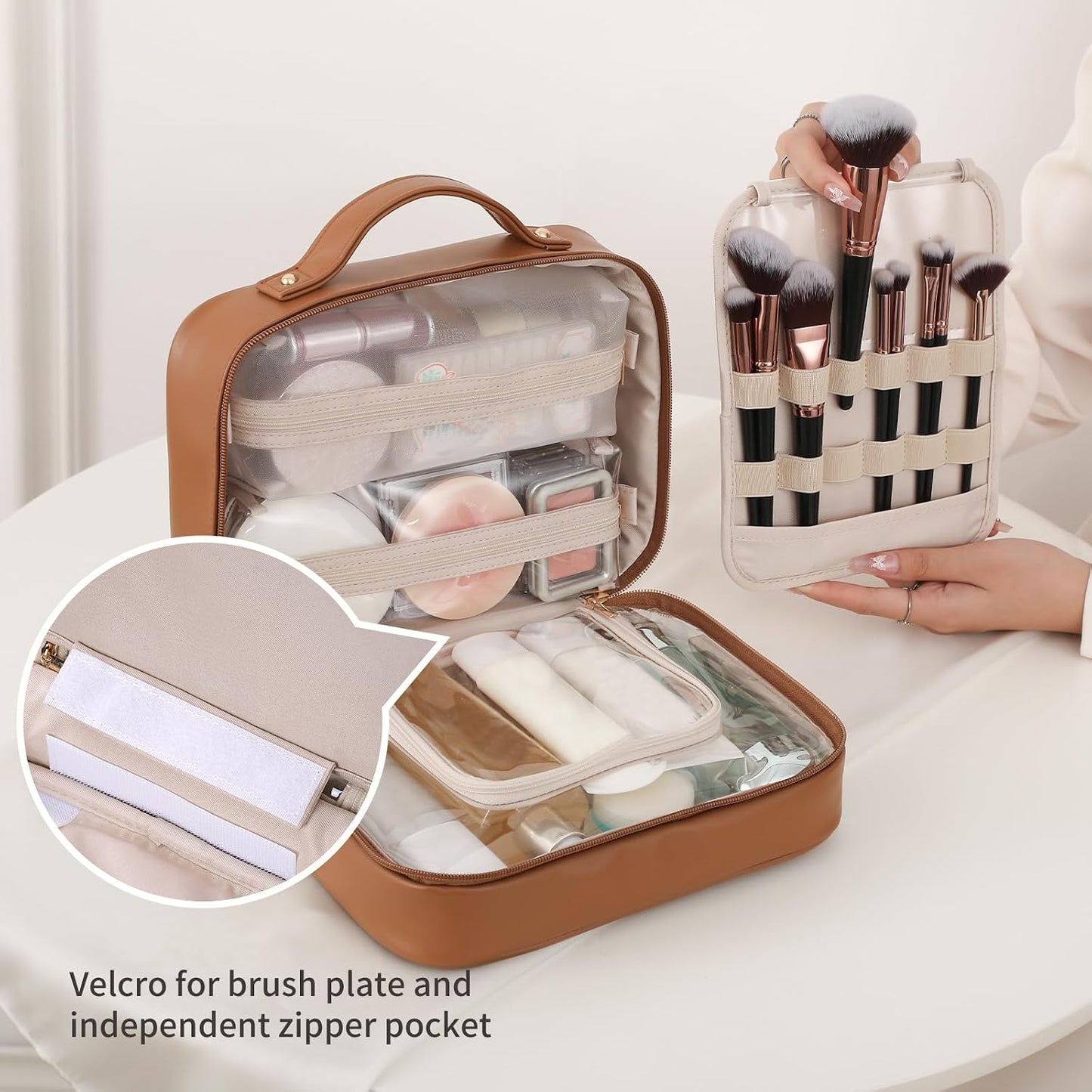 Travel Toiletry Bag for Women - Waterproof Makeup Organizer with Compartments | Portable Cosmetic Case in Brown