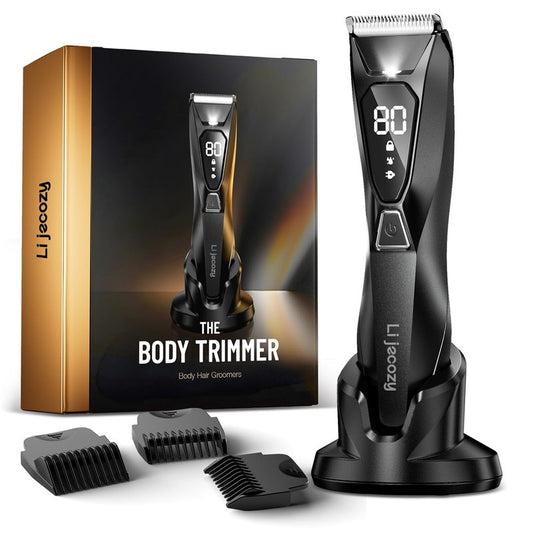 Lijecozy Pubic Hair Trimmer for Man - Cordless Body Hair Trimmer for Men - Electric Ball Shaver with Display & Light - Waterproof Wet/Dry Groomer kit for Groin - 4000K Light - Cosmic Black