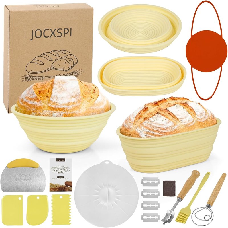 Silicone Sourdough Starter Kit - Upgraded 9" Round & 10" Oval Banneton Bread Proofing Basket | Non-Stick, Foldable Design with Baking Tools