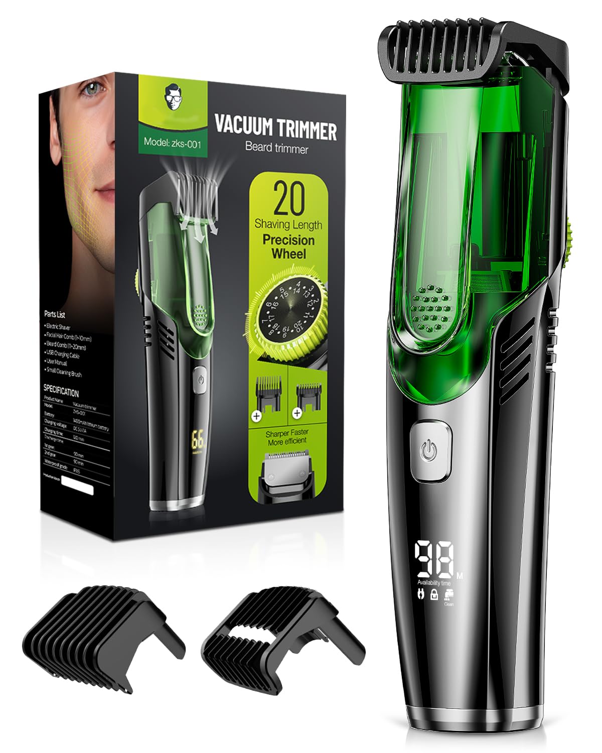 PUENBKO Beard Trimmer for Men: Vacuum Hair Trimmer for Less Mess - IPX7 Waterproof Wet Dry Shaving- Rechargeable Electric Beard Cutting Kit with Adjustable Length Comb - Gift for Men