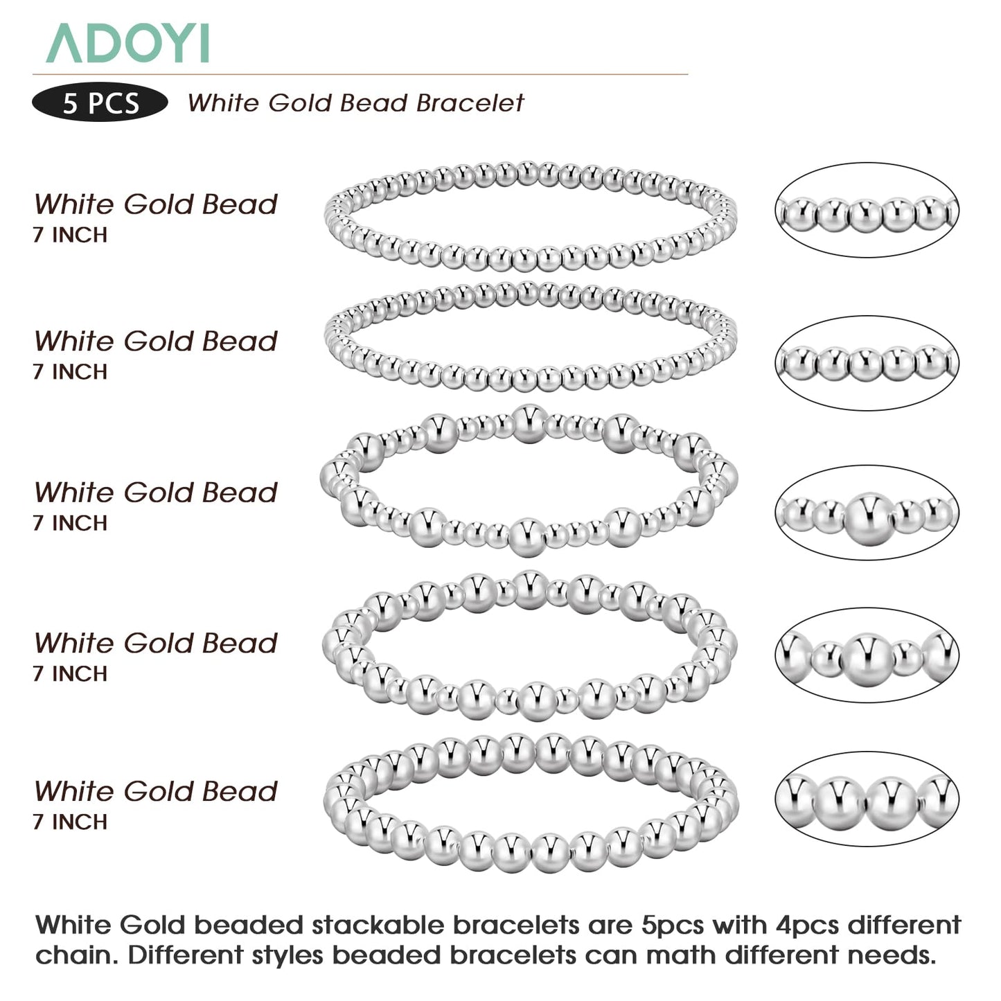 adoyi Silver Bracelets for Women, 14K Gold Plated Beaded Strand Bead Ball Bracelets stack Set Adjustable Set Trendy Non Tarnish Jewelry Sets for Gifts
