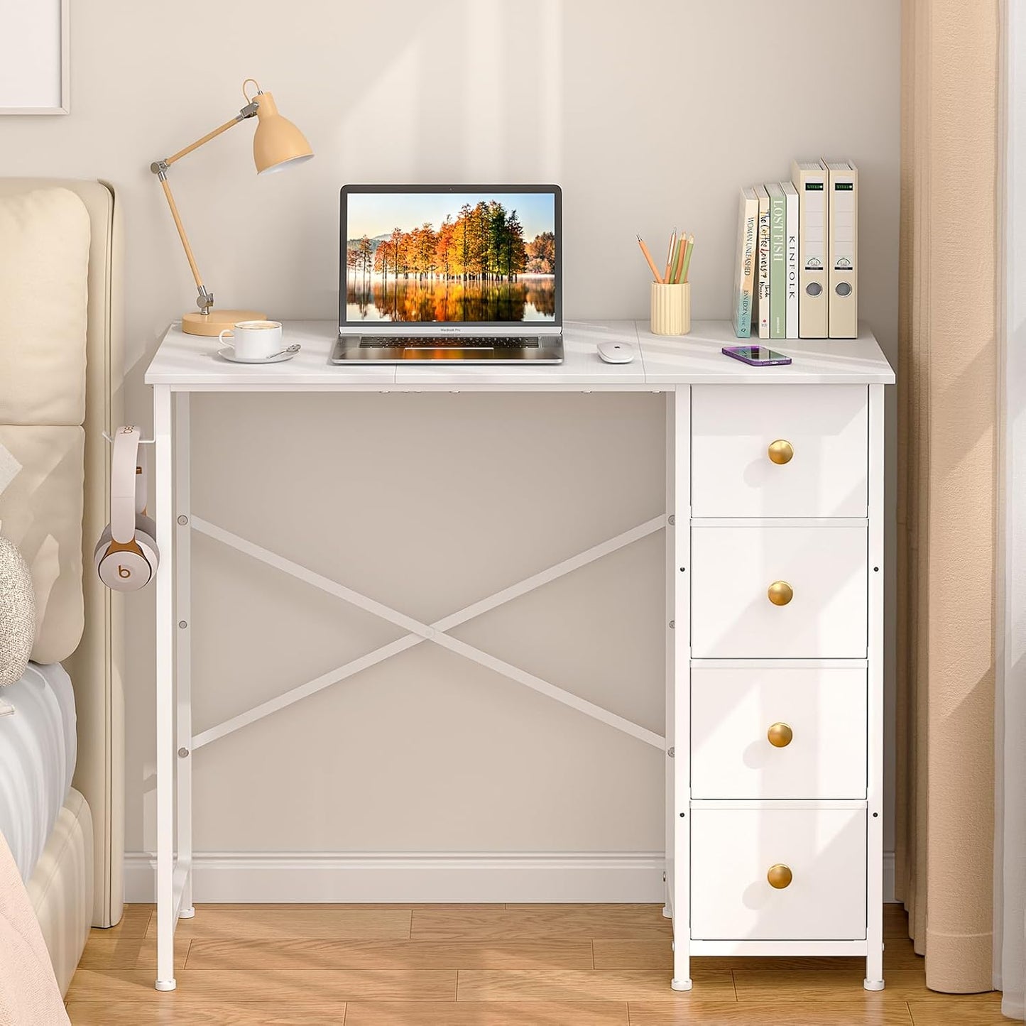 Small White Desk - 35.4 Inch Writing Desk with Drawers | Reversible Study Table for Kids & Teens