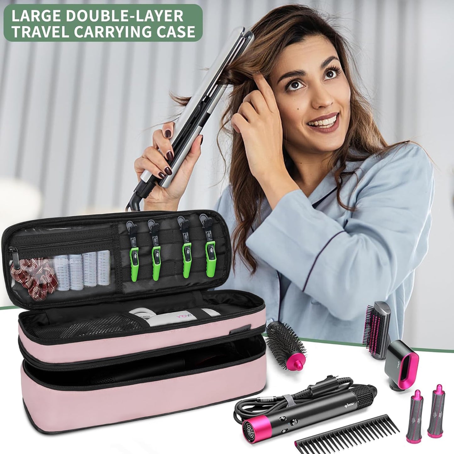 OUUTMEE Travel Carrying Case Compatible with Shark Flexstyle,Storage Case for Revlon One-Step Hair Dryer and Volumizer Hot Air Brush Portable Organizer Bag for Dyson Airwrap Styler,Pink,15 IN