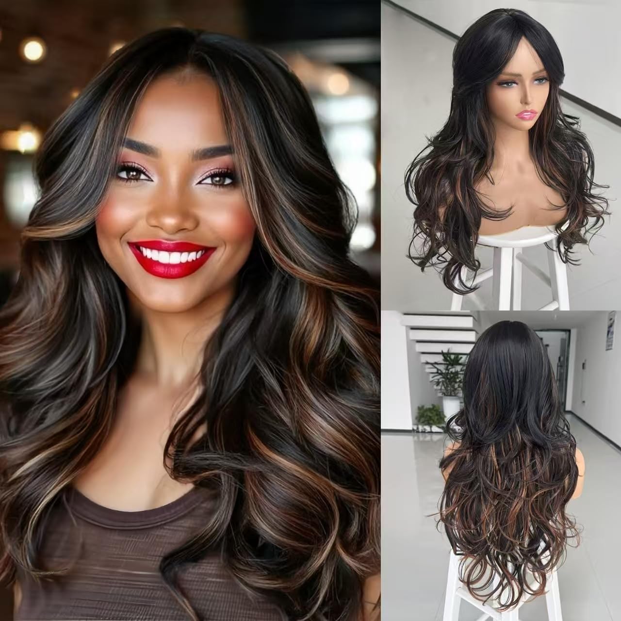 Long Black Wavy Wig for Women - Layered Synthetic Hair with Curtain Bangs | 24-Inch Natural Look