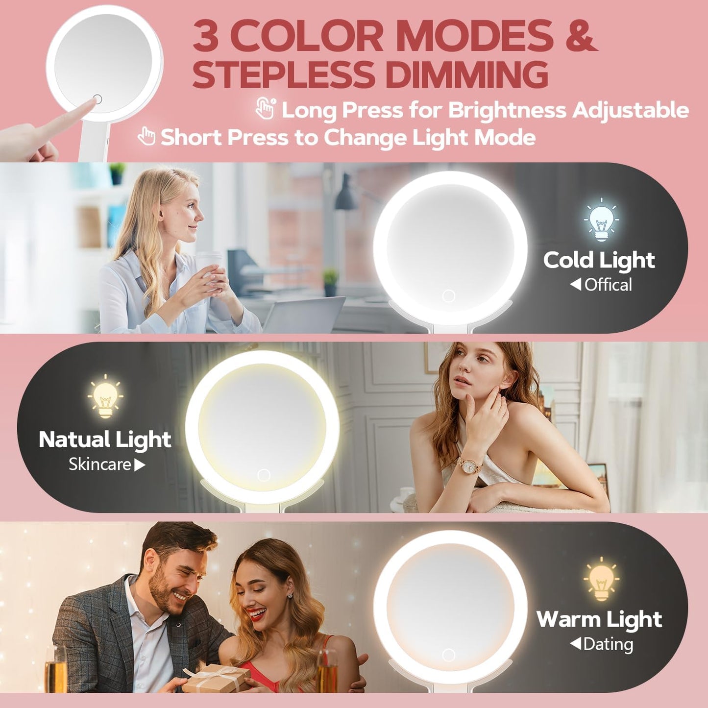 Lighted Makeup Mirror - 30X Magnifying with Adjustable Brightness | Portable Handheld Vanity Mirror for Women