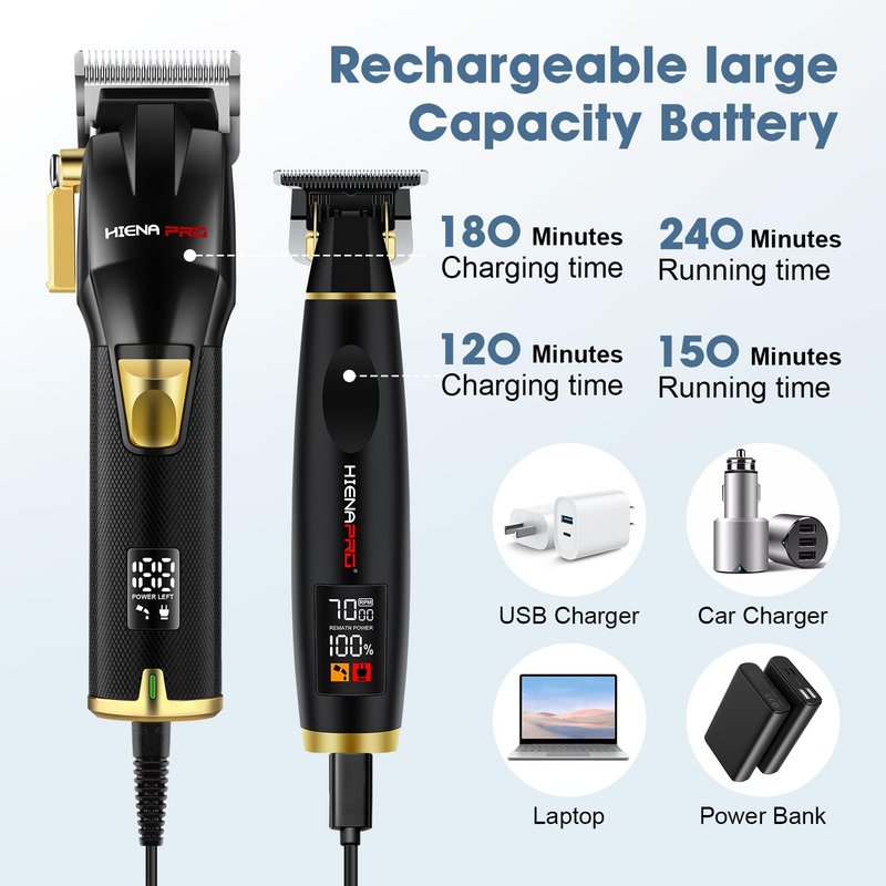 HIENA PRO Professional Hair Clippers Set for Men Cordless Barber Kit Hair Cutting Set Rechargeable Clippers and Trimmers Set Hair Cutting Kit with LED Display, USB Charging, Gifts for Men, (Black)