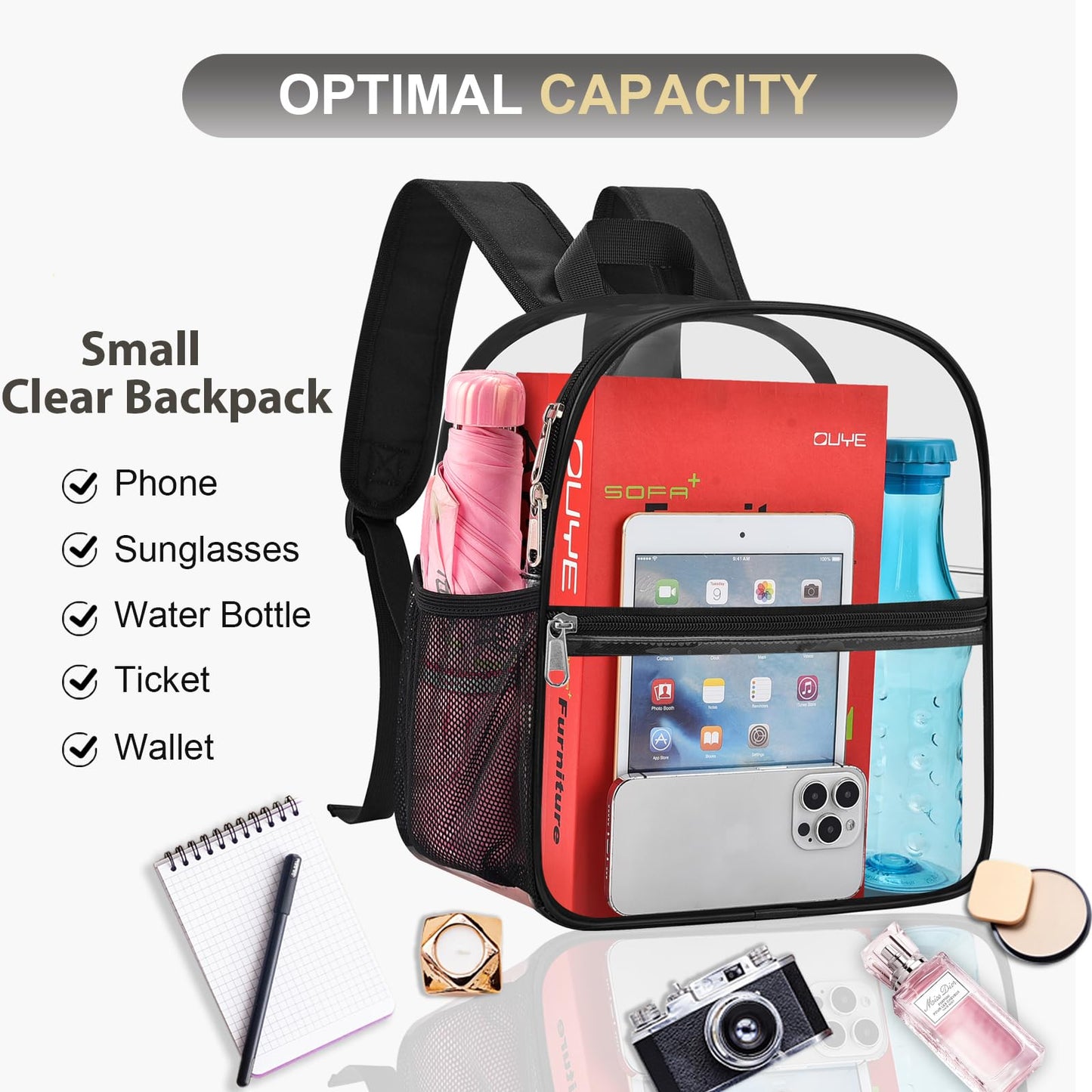 Oraben Clear Backpack Stadium Approved, Clear Bag 12 x 6 x 11 in, Small Transparent Backpack for Concerts, Sports Events, Festivals, Waterproof, Adjustable Straps, Women Men