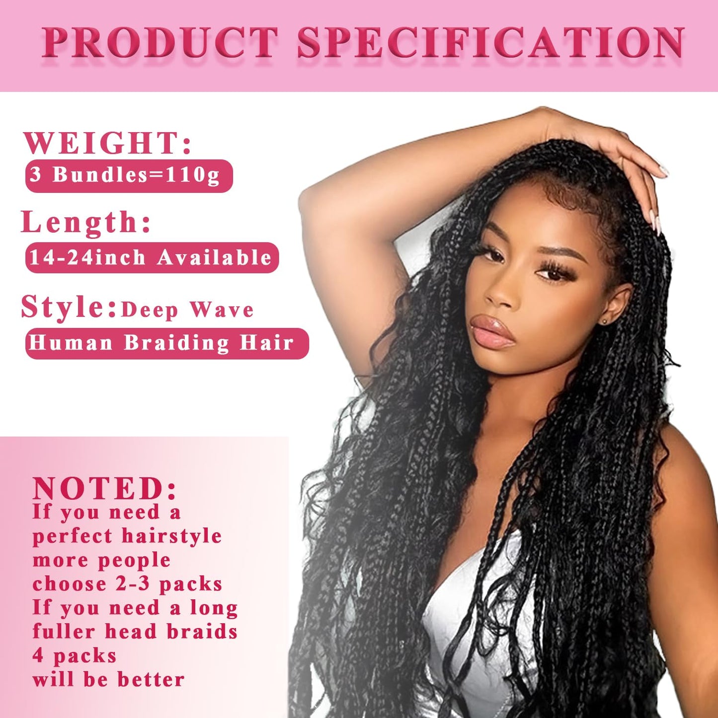 22 Inch Human Braiding Hair - Boho Deep Wave Bulk Brazilian Virgin Hair | 3 Bundles, 110g, Natural Color