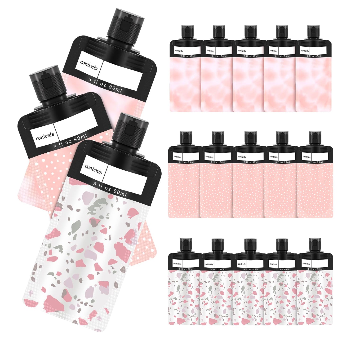ANNGO 18 Pack Travel Pouches for Toiletries, TSA Approved Travel Pouches for Liquids,Travel Shampoo and Conditioner Pouches,Leak Proof 3oz Travel Squeeze Pouches(Pink)