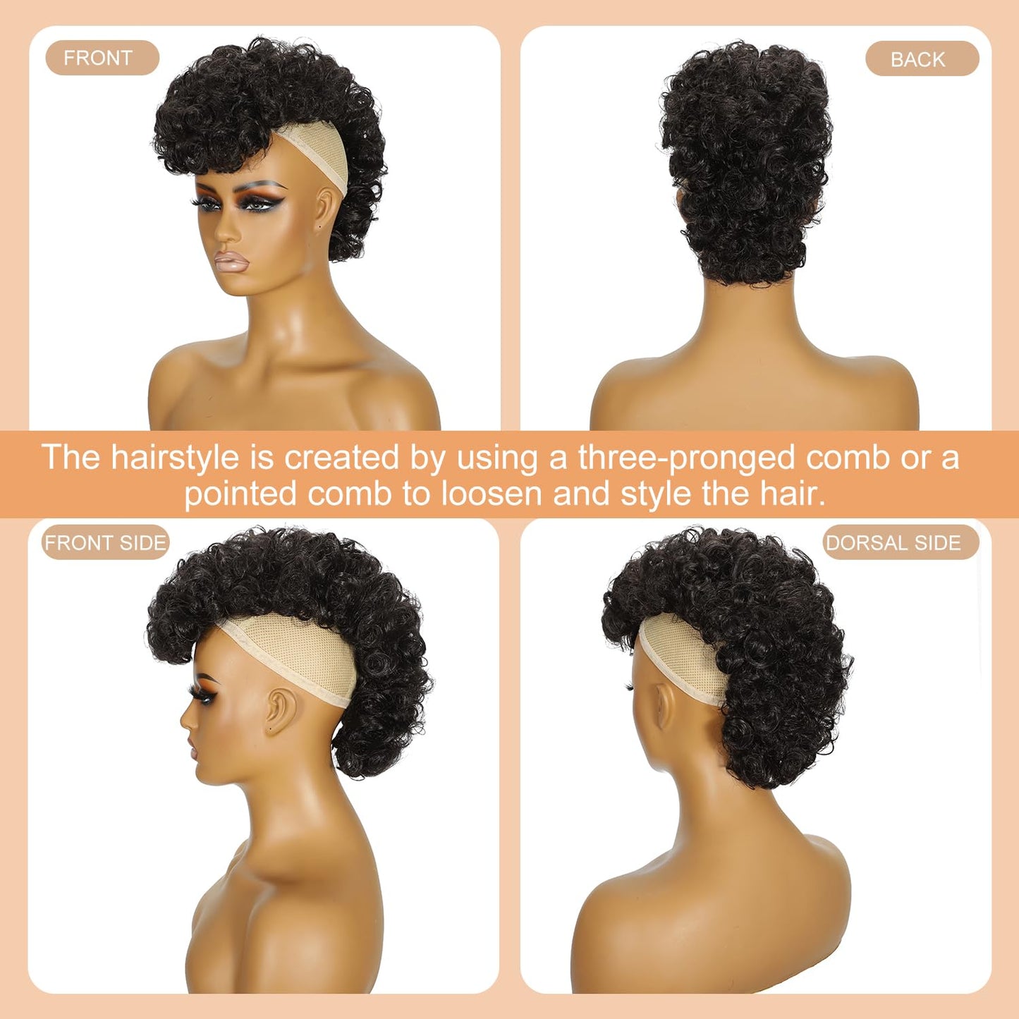 Curly Mohawk Wig Ponytail with Bangs - Short Kinky Synthetic Hair Extension | Natural Black, Fluffy Style for Daily Wear