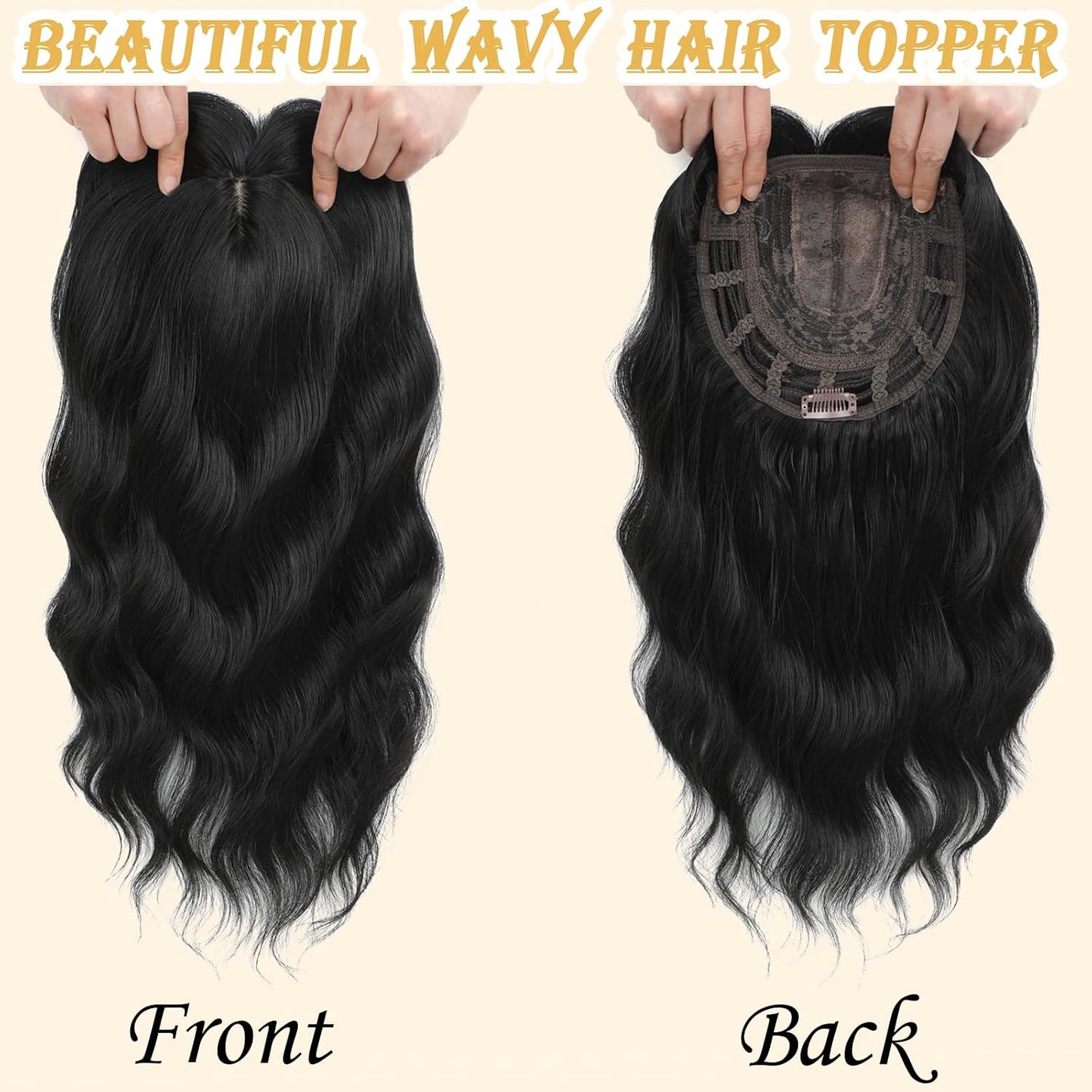 16 Inch Hair Topper for Thinning Hair - Synthetic Curly Clip-In with Wispy Bangs | Lightweight Black Crown Coverage
