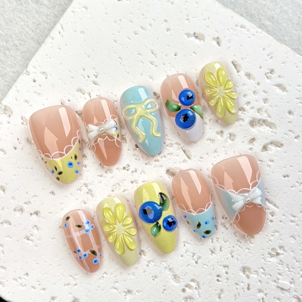 30Pcs Summer Press-On Nails - Medium Almond 3D Blueberry Lemon Design | Glossy French Tip Reusable Fake Nails for Women