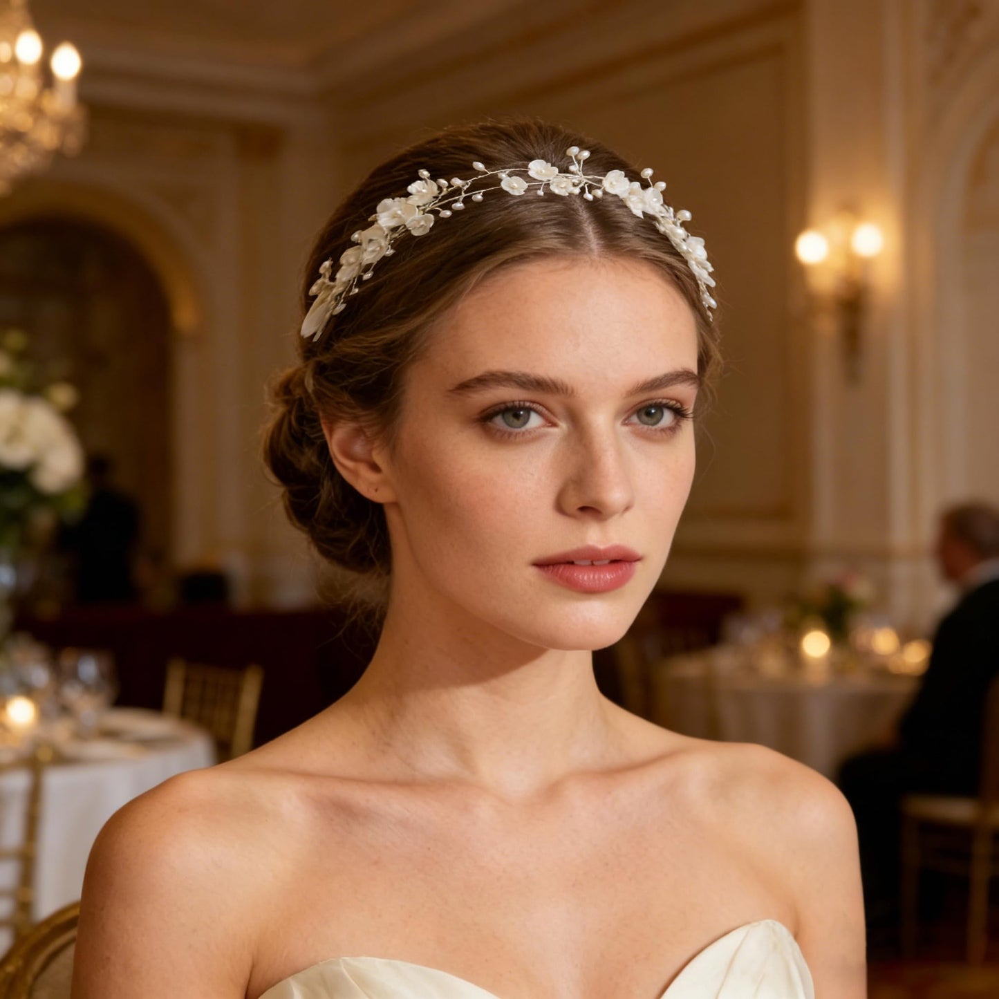 527&huan White Flowers Pearls Bridal Headband, Handmade Silver Wire Woven Wedding Hair Vine with Satin Ribbon, Lightweight Wedding Hair Accessory for Bride Flower Girl Bridesmaid Prom Pageant