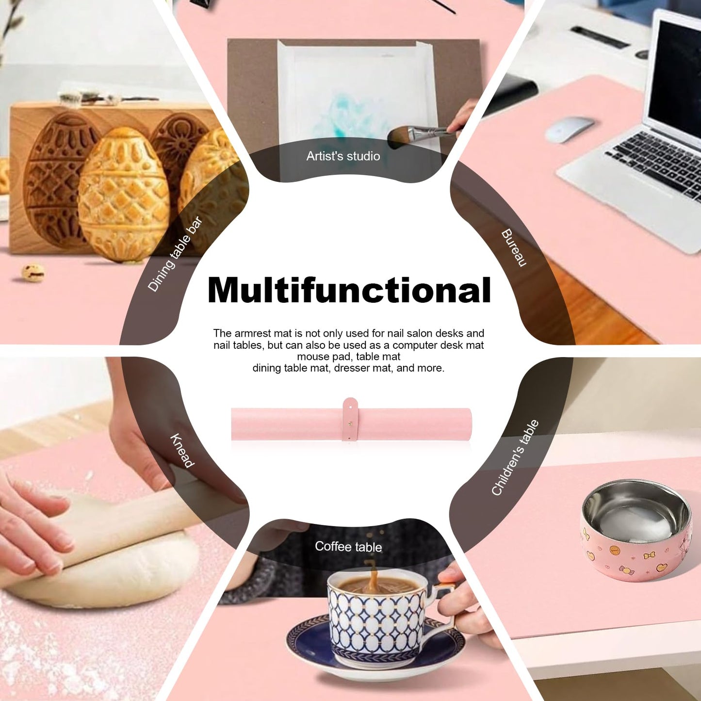 Foldable Nail Mat for Table, Waterproof PU Leather Manicure Pad, Non-Slip Desk Protector for Nail Tech & Salon, Portable Easy Clean Large 60x30cm Nail Art Station Mat (Pink)