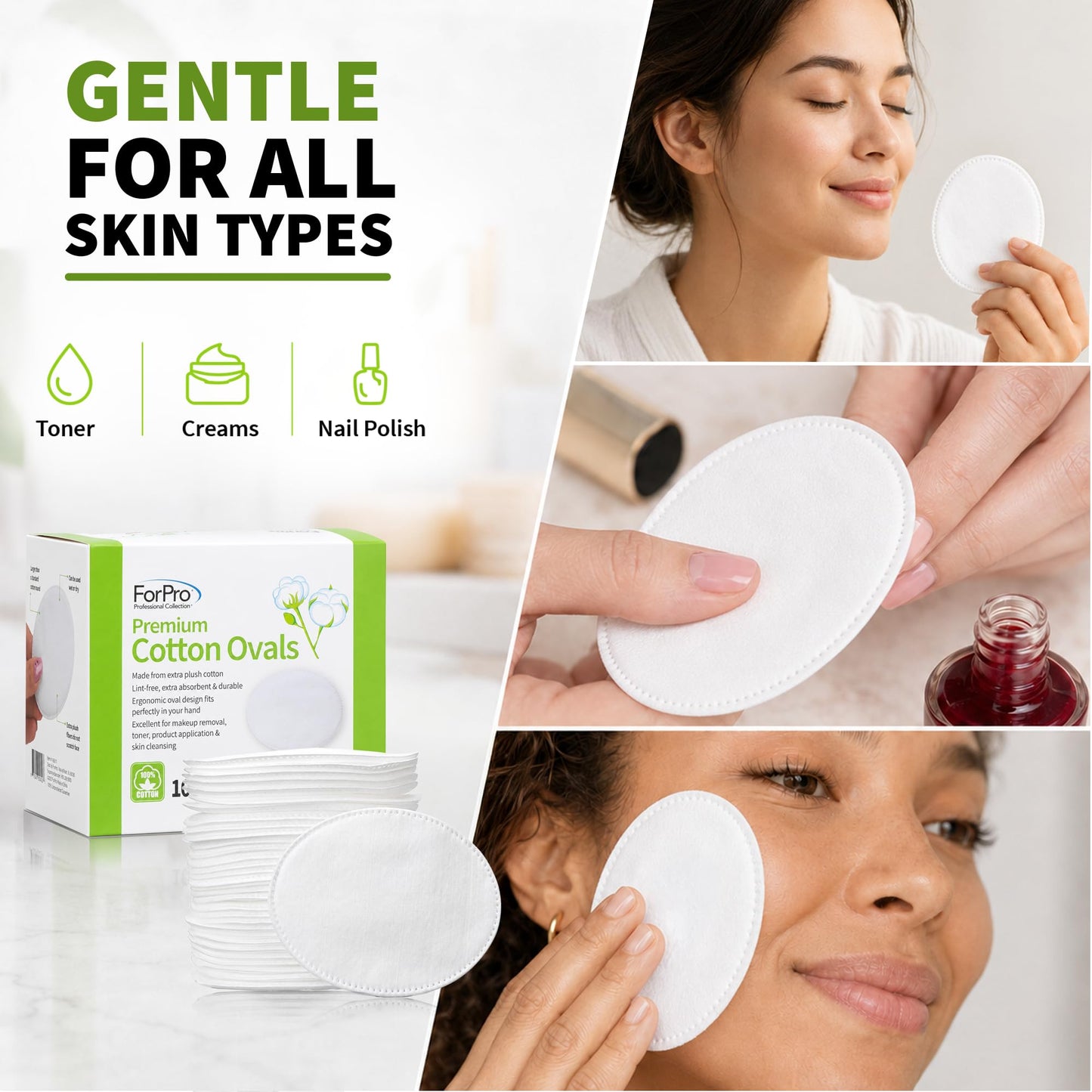 ForPro Premium 100% Cotton Ovals (100-Count), Ultra-Plush Extra-Absorbent Lint-Free 3" Cotton Pads for Makeup Removal, Cleansing and Skincare Application, Hypoallergenic, Vegan & Cruelty-Free