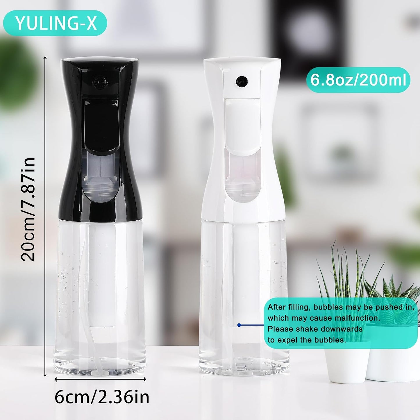 Continuous Spray Bottles for Hair - 200ml Reusable Mist Sprayer | Ideal for Hair Care, Plants & Cleaning (Black & White)