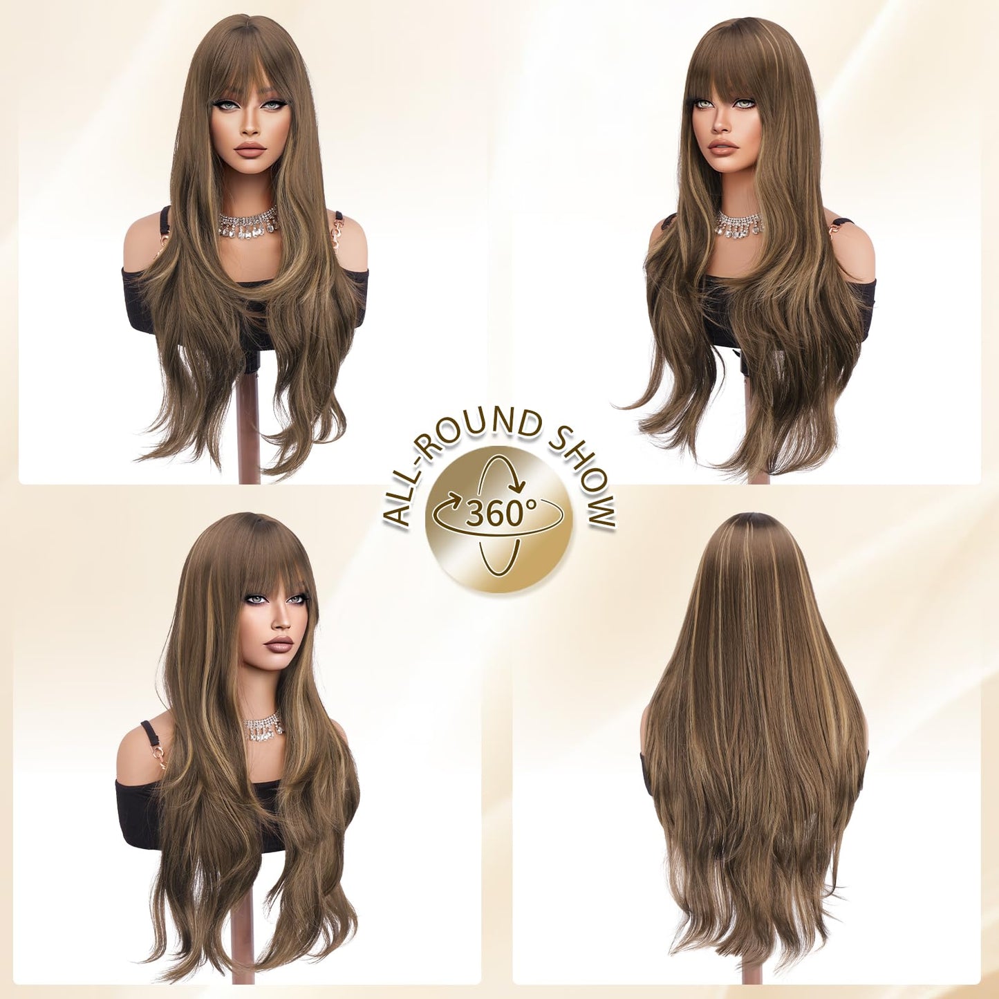 Haloo Blonde Brown Wigs with Bangs - Long Layered Natural Looking Synthetic Heat Resistant Wavy Hair Wigs for Women Daily Party, 26 Inch Blonde Mixed Brown