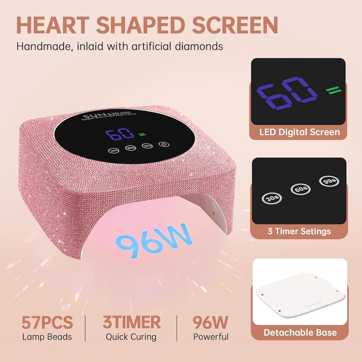 Cordless UV LED Nail Lamp - 96W Rechargeable Gel Nail Dryer with 3 Timer Settings | Pink Diamond Design