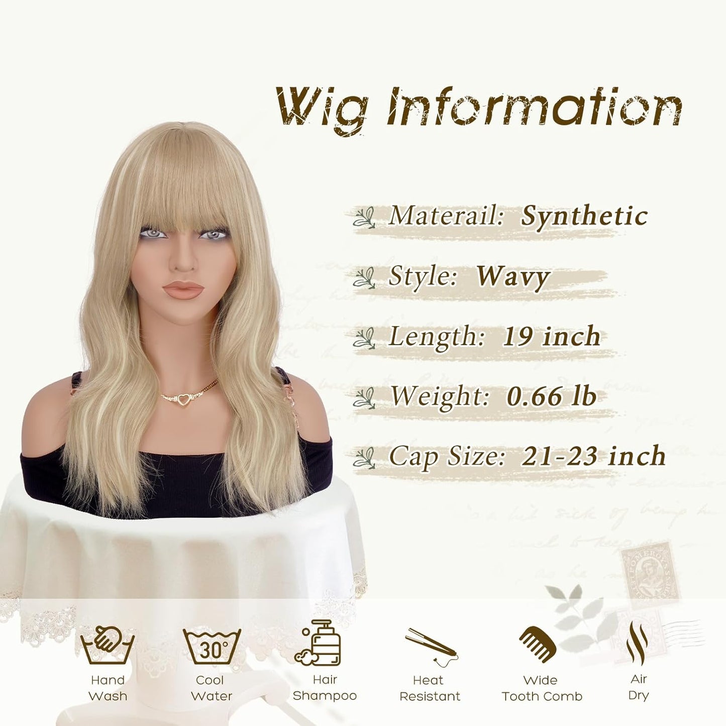 Blonde Wigs with Bangs - 19-Inch Natural Wavy Synthetic Hair | Heat Resistant Medium Length, Dirty Blonde