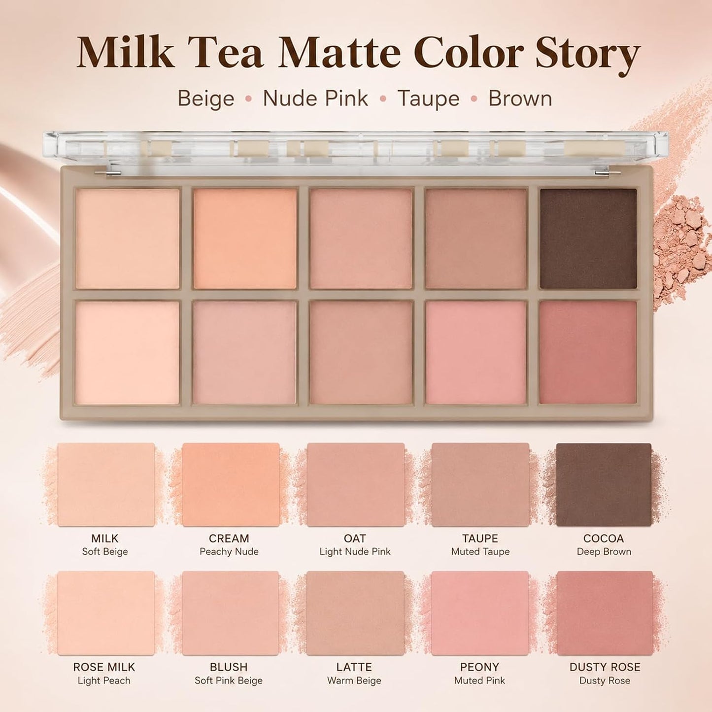 Eyeshadow Palette - 10 Color Blendable High Pigment Shades | Long-Lasting Matte for Smokey Looks