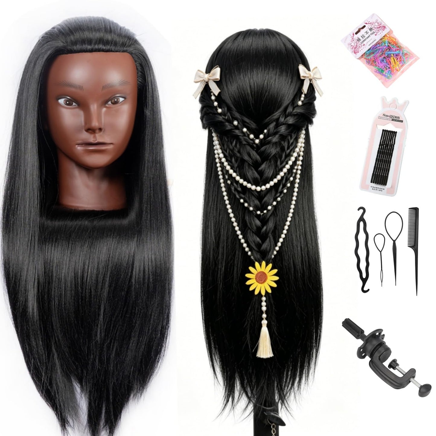 Mannequin Head for Hair Styling | Cosmetology Training Doll Head with Clamp Holder - Black
