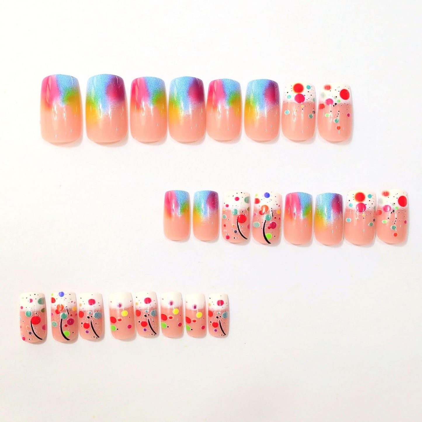 Ombre Press-On Nails - Medium Square Acrylic Nails with Colorful Polka Dots | 24 Pcs Full Cover Set for Summer Manicure