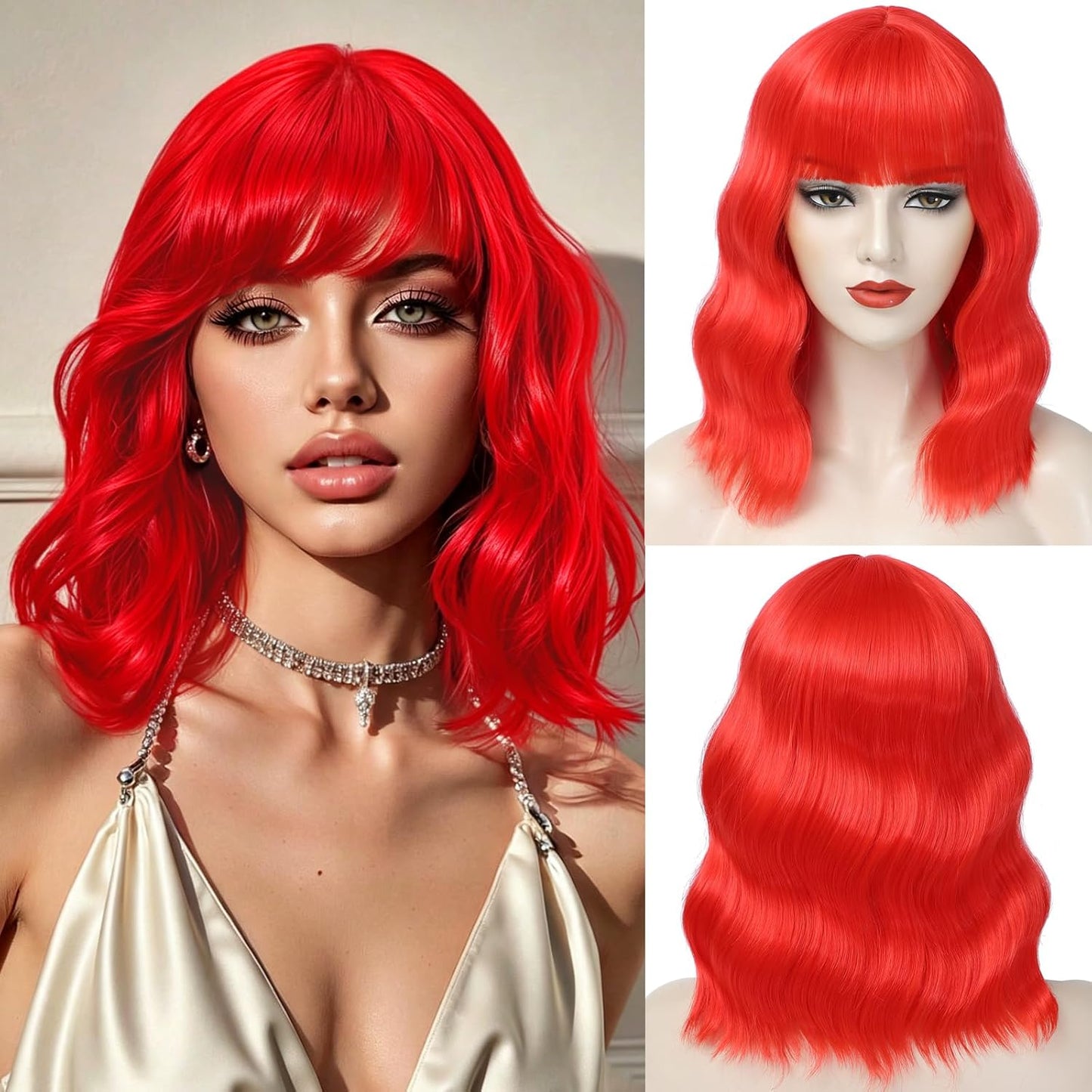 Emerald Green Wavy Bob Wig with Bangs - Shoulder Length Synthetic Cosplay Hair