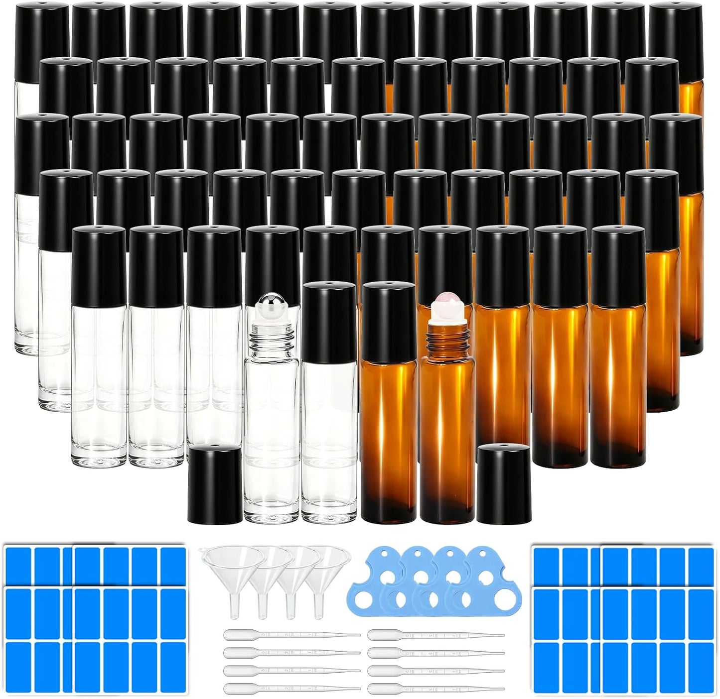 Essential Oils Roller Bottles - 10 Pack 10ml Leakproof Amber & Clear Glass | Rose Quartz & Stainless Steel Balls for Perfume & DIY
