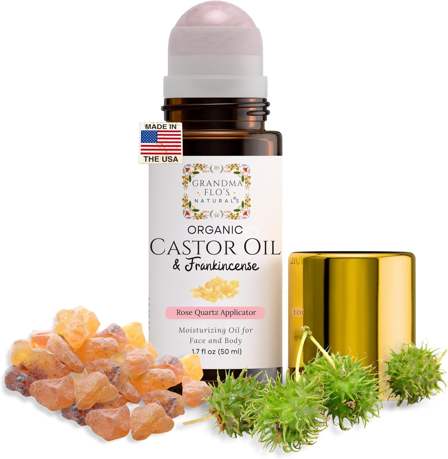Organic Castor Oil Roll-On with Frankincense & Rose Quartz Roller - Cold Pressed, Hexane Free | Moisturizes Skin & Reduces Fine Lines