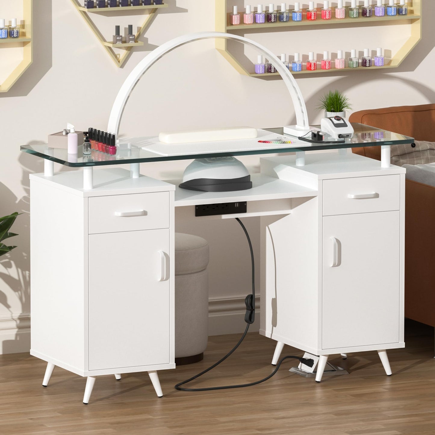 NAIYUFA Manicure Table with Power Outlet,White Nail Desk for Nail Tech, Glass Top Salon Station with 2 Drawers and Cabinets