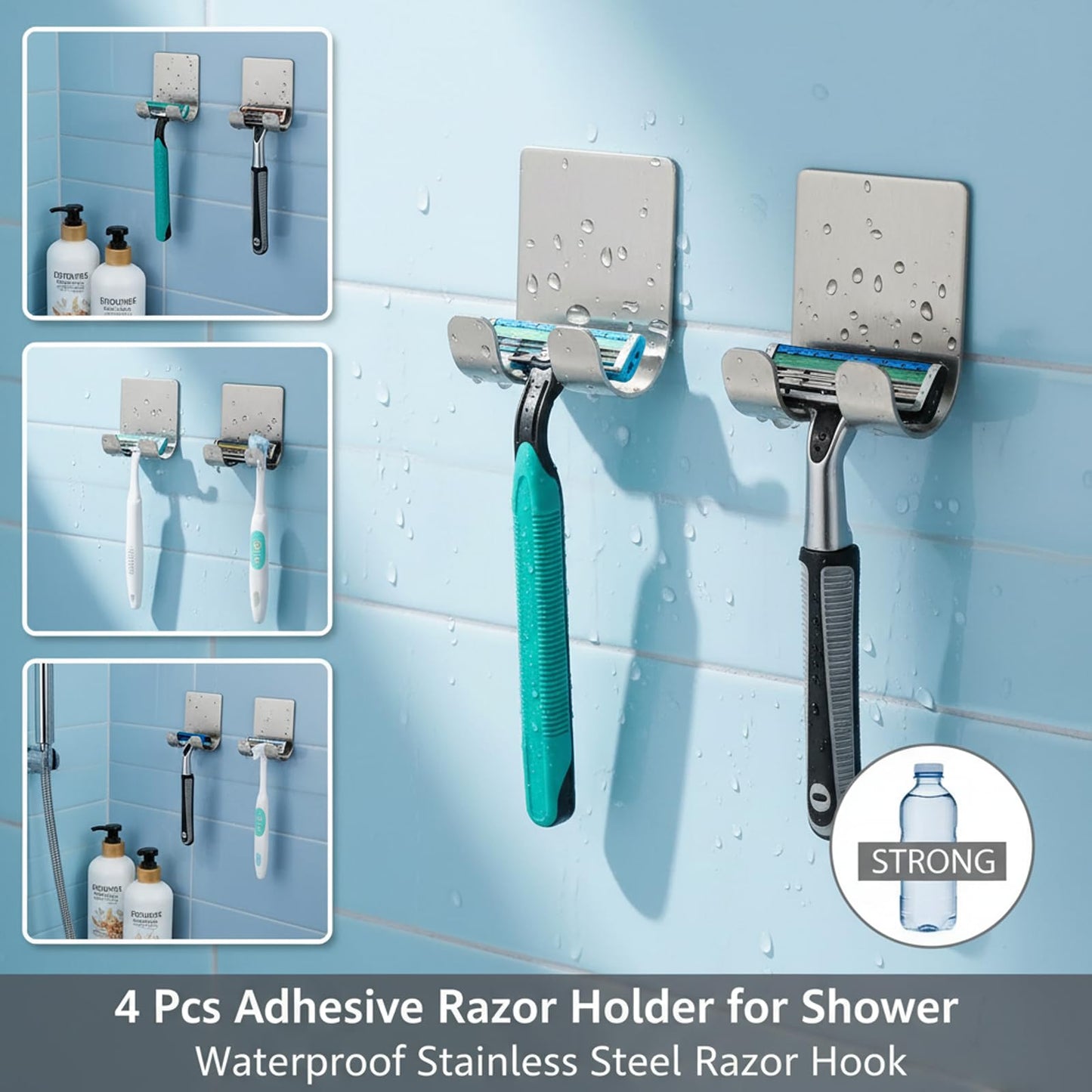 4 Pcs Adhesive Razor Holder for Shower, Waterproof Stainless Steel Razor Hook, No-Drill Wall Mount Shaver Hanger, Multipurpose Bathroom Organizer Hooks (Silvery)