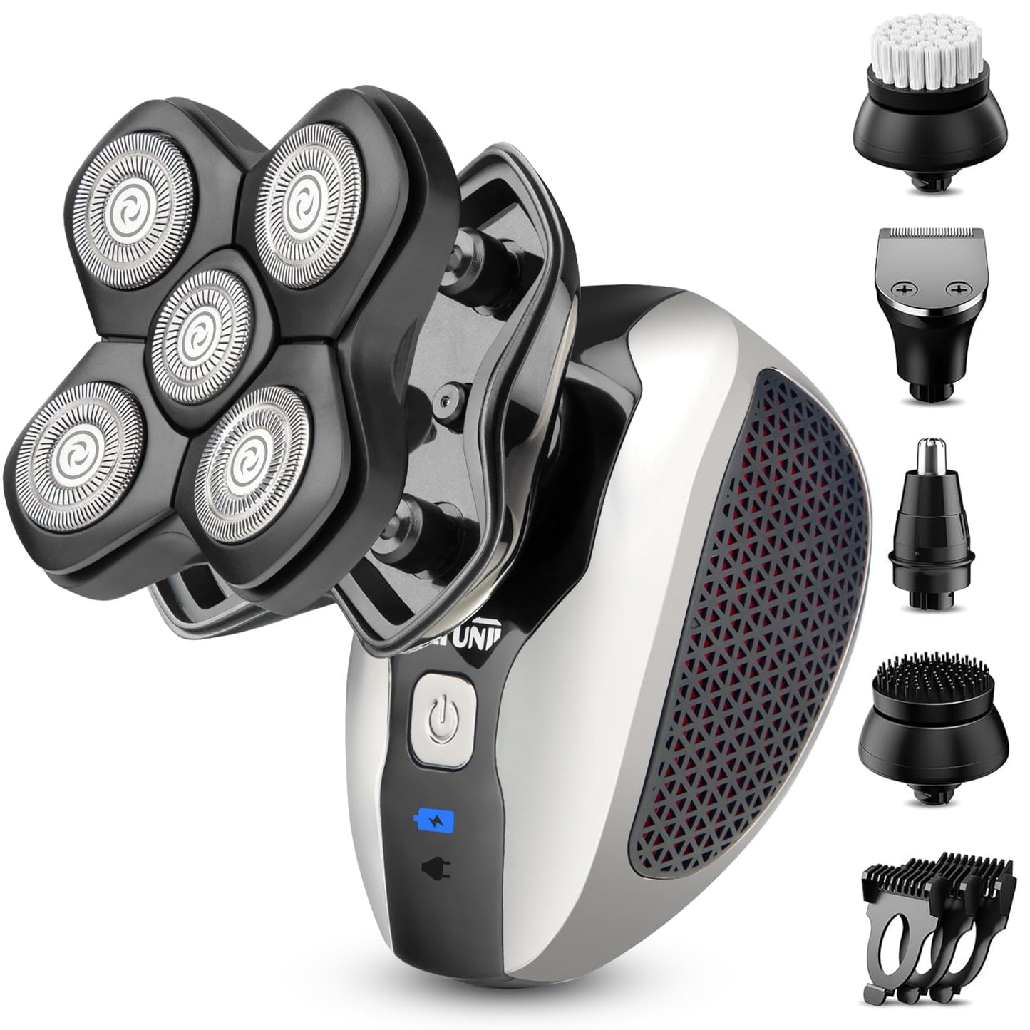 Detachable Head Shavers - Telfun Upgrade 5-in-1 Electric Head Shavers for Bald Men, 100% Waterproof Cordless Razor, Wet/Dry Shaving, 5 Dual Track Heads, Mess-Free Hair Capture (Black)
