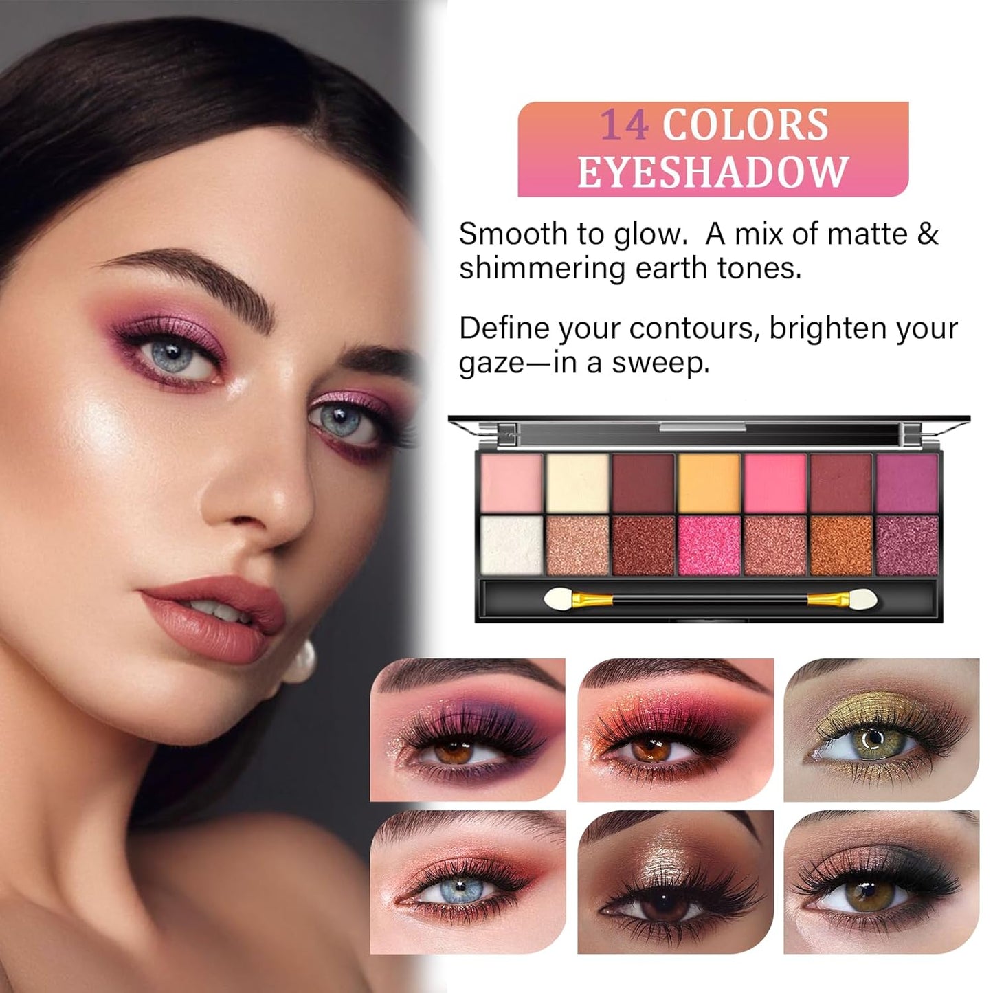 Makeup Set for Women - 14-Color Eyeshadow Palette, Lip Gloss & Contour Stick | Travel-Friendly Kit