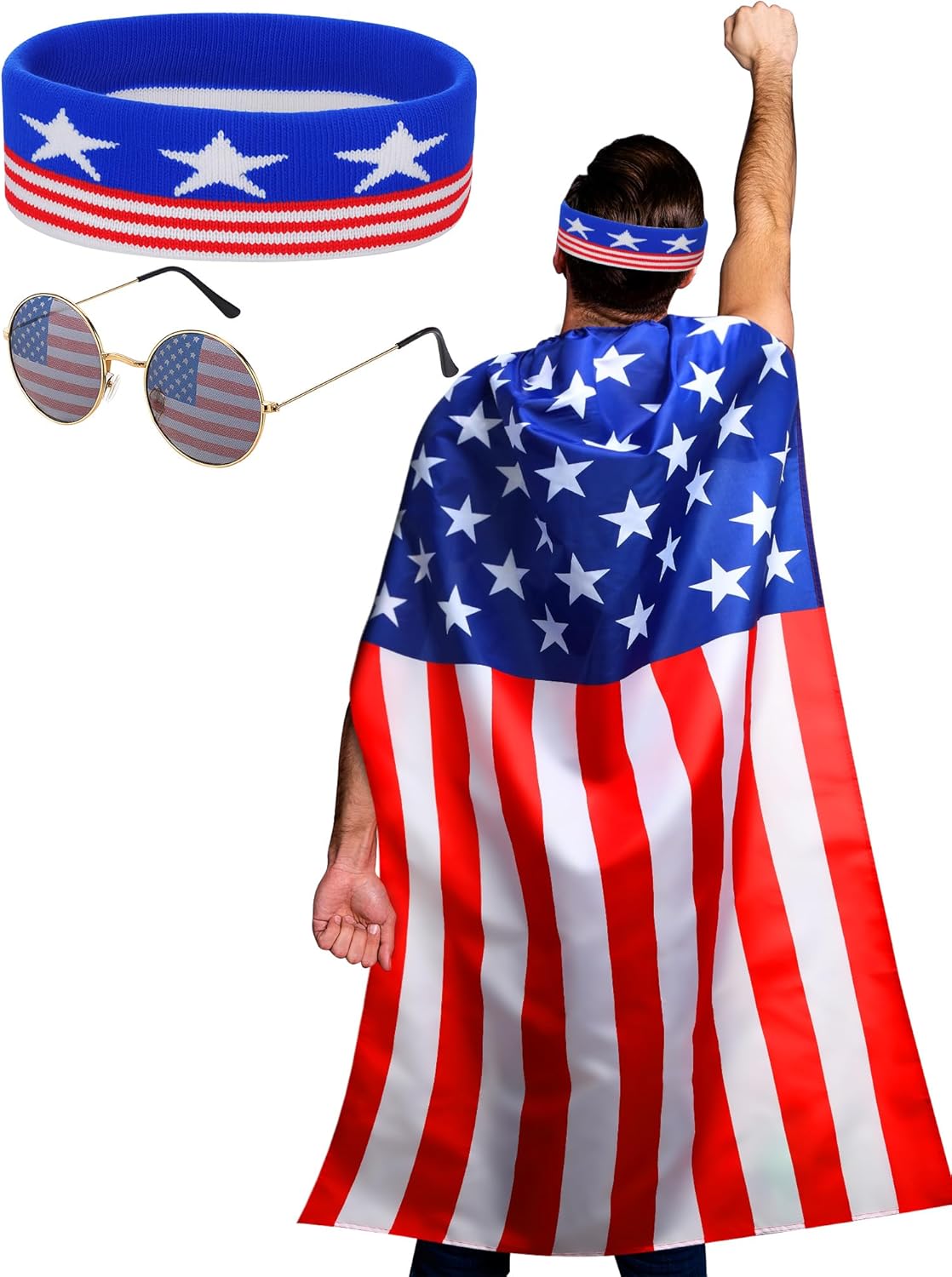 American Flag Costume Cape - Retro 80's USA Sunglasses & Headband Set | 4th of July Celebration