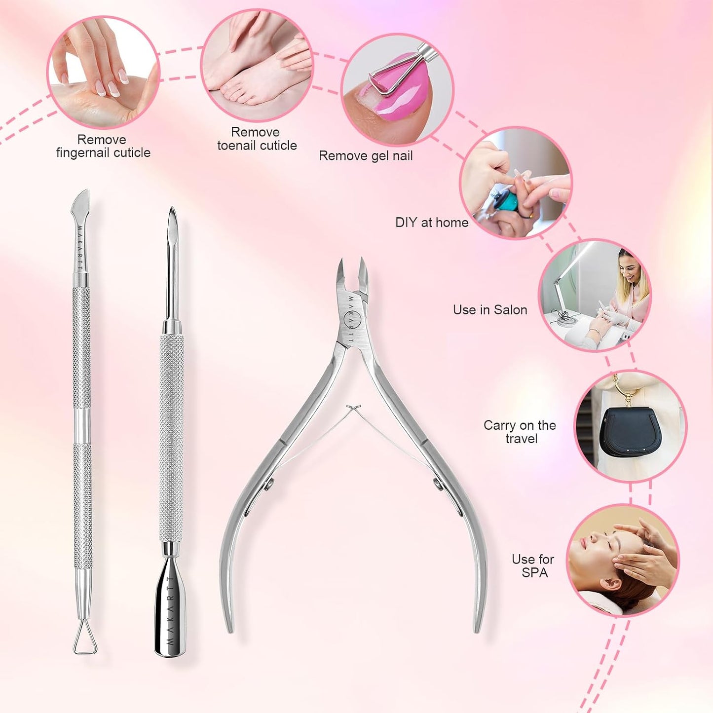 Cuticle Trimmer Set - Stainless Steel Nail Care Kit with Pusher | 3-Piece Manicure & Pedicure Tools