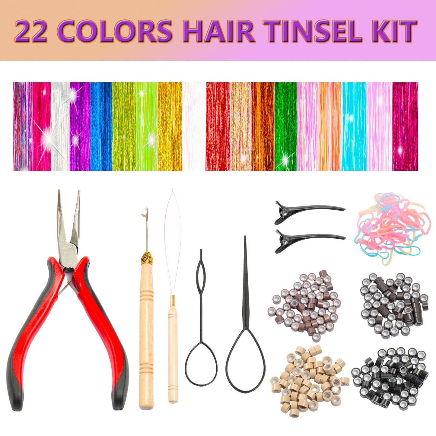 XSASLYET Hair Tinsel, 22 Colors Hair Tinsel Kit for Girls, 8800 Strands