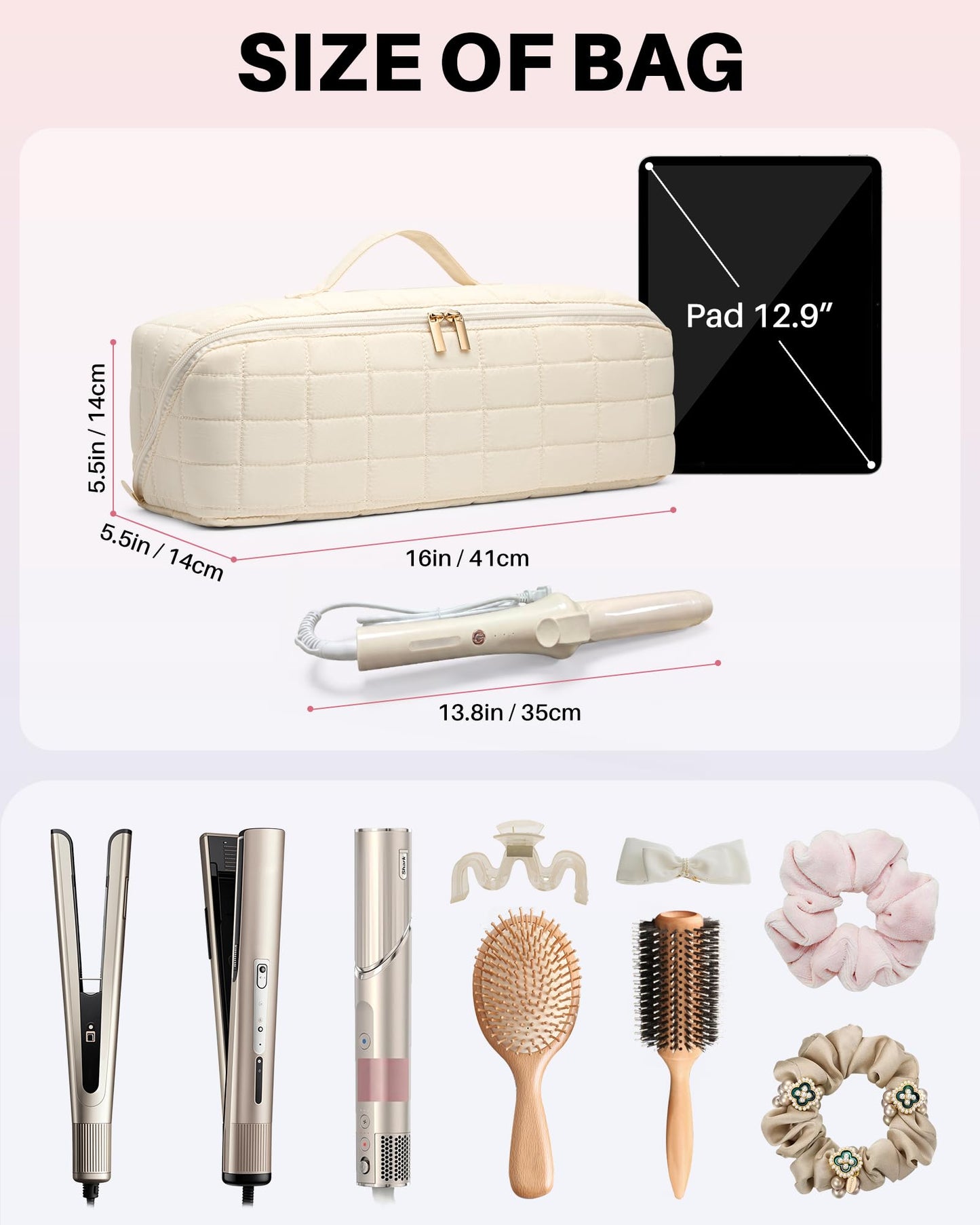 Noldena Hot Tools Travel Case with Heat Resistant Mat Pouch, Large Hair Tool Organizer Bag for Curling Iron Flat Iron Hair Dryer Hot Air Brush, Water Resistant Makeup Bag Gift for Women, Beige