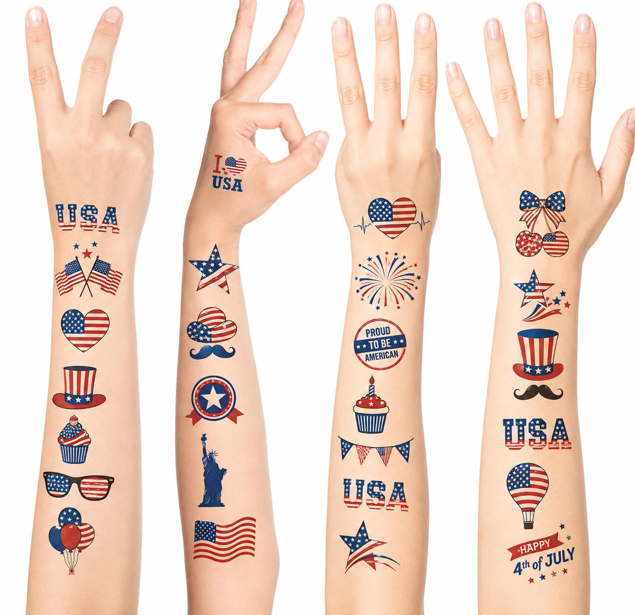 120+ PCS 4th of July Temporary Tattoos, Patriotic Waterproof Fake Tattoos with American Flag Eagle Fireworks Designs, Independence Day Party Favors Supplies for USA Memorial Day Parade